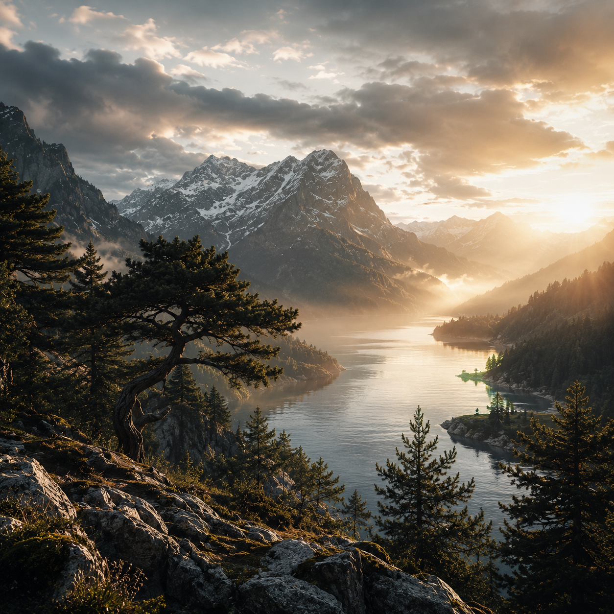 Cinematic mountain landscape with a misty lake, pine forests, and snow-capped peaks at golden hour