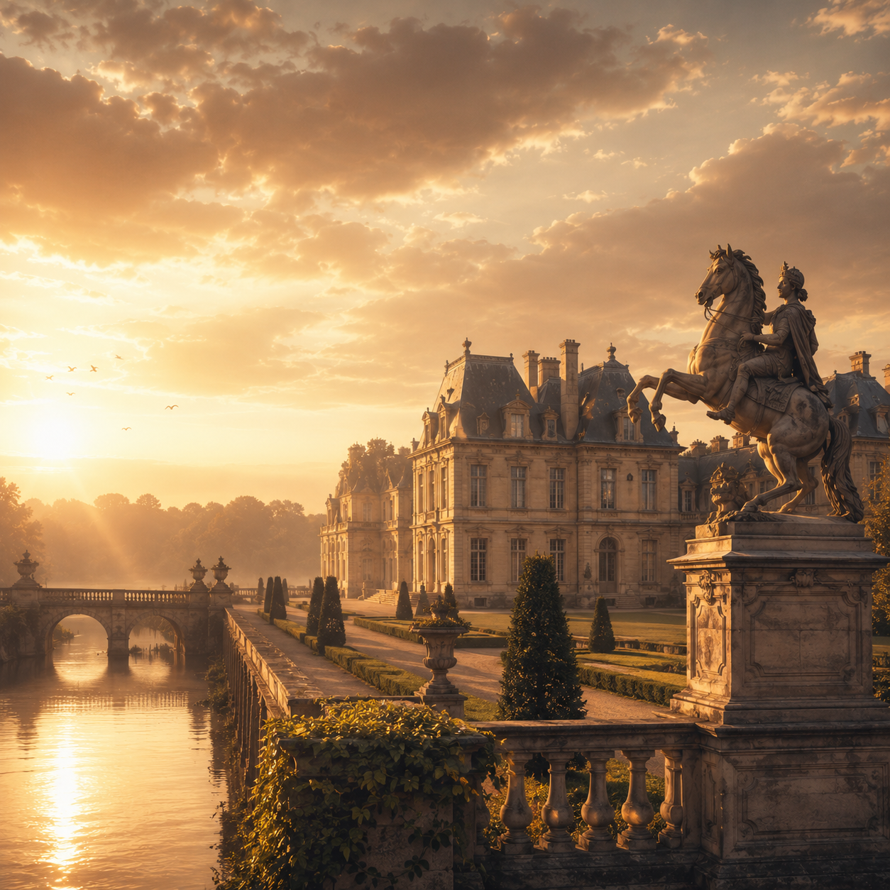 Elegant French château with formal gardens and an equestrian statue at golden hour
